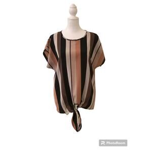 SHEIN Striped Short Sleeve Blouse with Front Tie, Cap Sleeve, Size Large